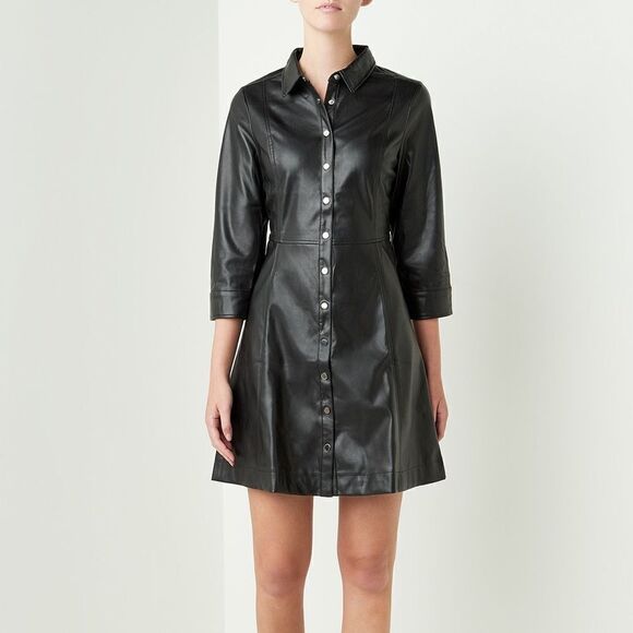 Mango Faux Leather Black Dress Shirt Style Buttoned - Picture 1 of 10